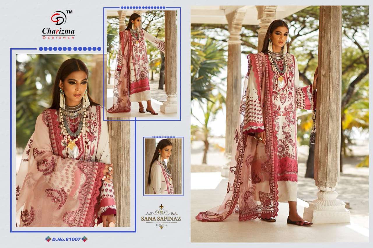 SANA SAFINAZ BY CHARIZAM DESIGNER 81001 TO 81007 SERIES BEAUTIFUL SUITS STYLISH FANCY COLORFUL PARTY WEAR & OCCASIONAL WEAR JAM COTTON WITH PATCH EMBROIDERY DRESSES AT WHOLESALE PRICE